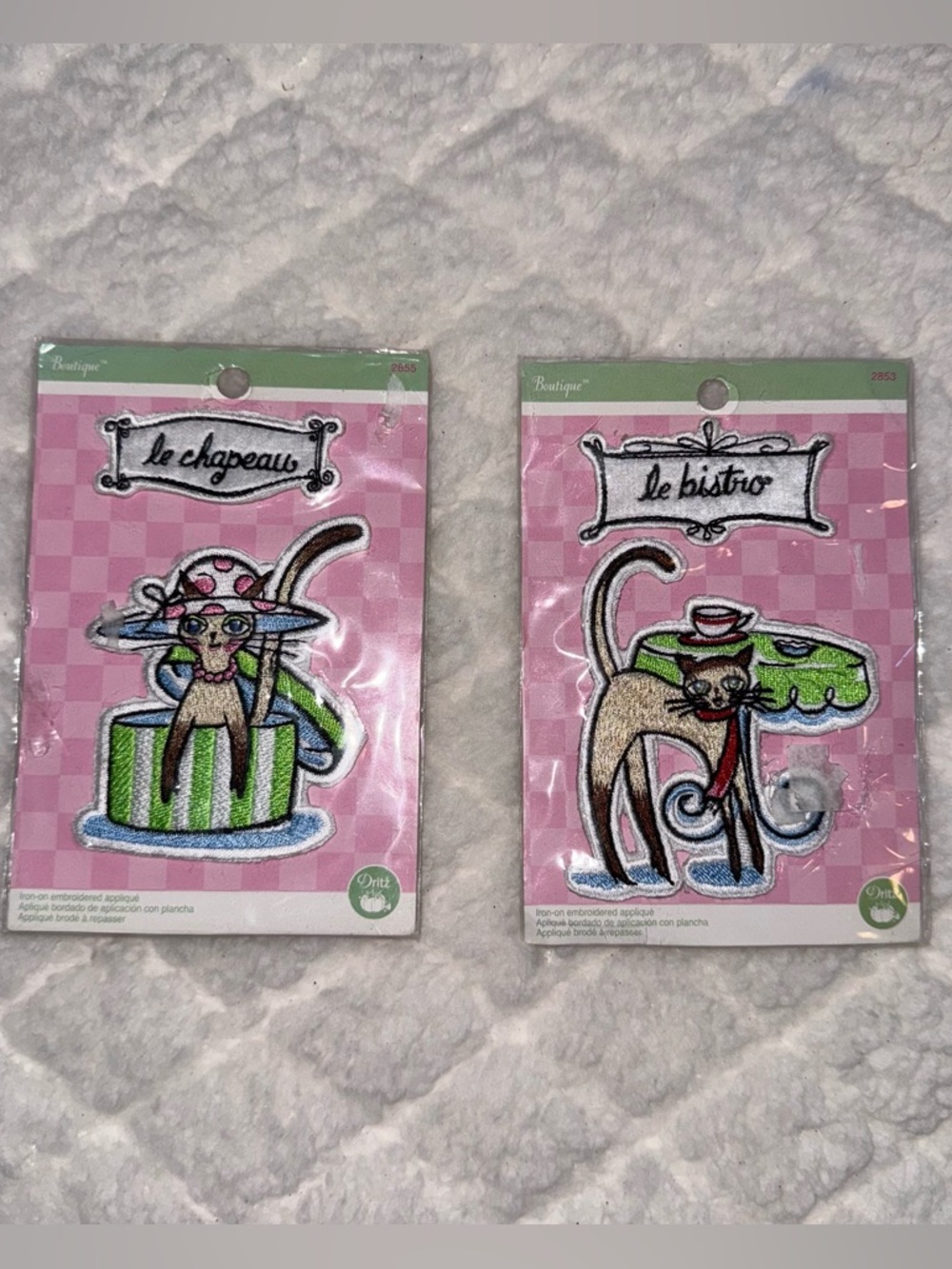 Boutique Le Chapeau & Le Bistro Cat Iron-On Patches - Pink & Green